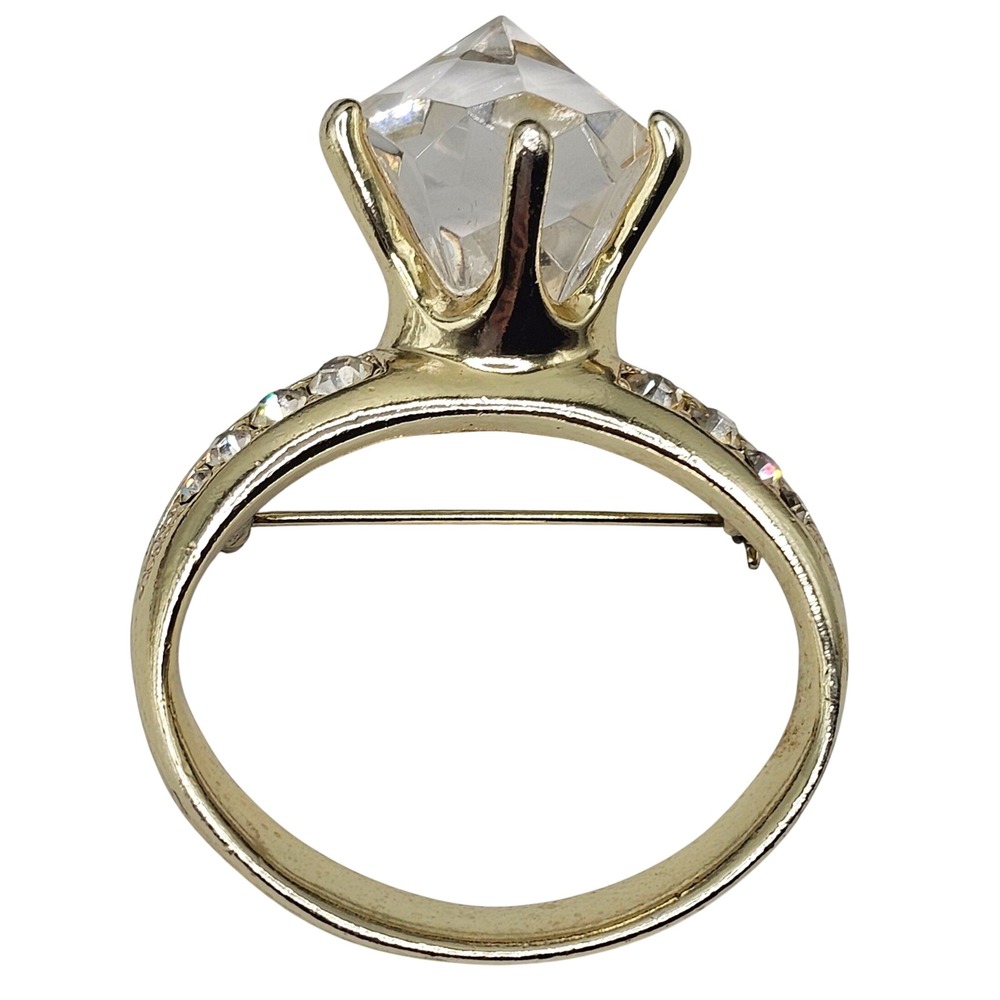 Vtg AJC Sparkle Stmt Ring Brooch Gold Tone Glam Engagement Bachelorette‎ Bling